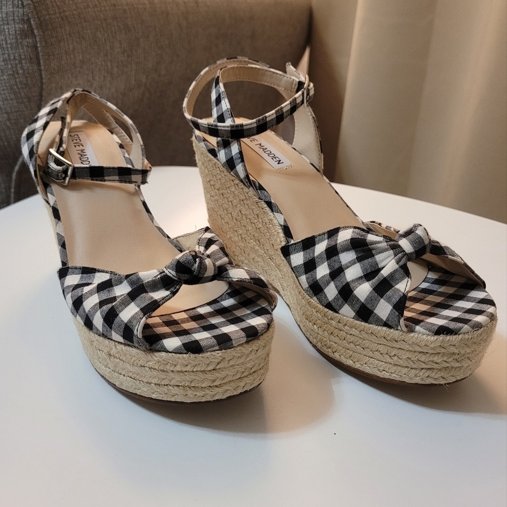 Steve Madden Valinda Peep Toe Black Plaid Wedge Espadrilles Sandals Size 8 - Picture 4 of 9